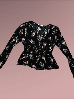 Rewind Black Floral Peplum Top | Long Sleeve | Feminine Fit